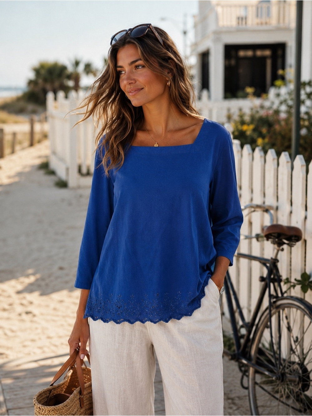 Chico's Blue Embroidered Hem 100% Cotton Square Neck Top Chico’s 4 XL Coastal